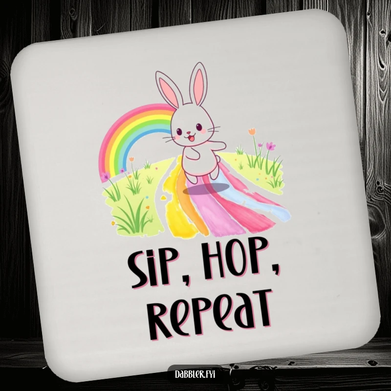 Funny Coaster: A happy rabbit skips along a vibrant rainbow path, adding artistic joy and protection to your tables.