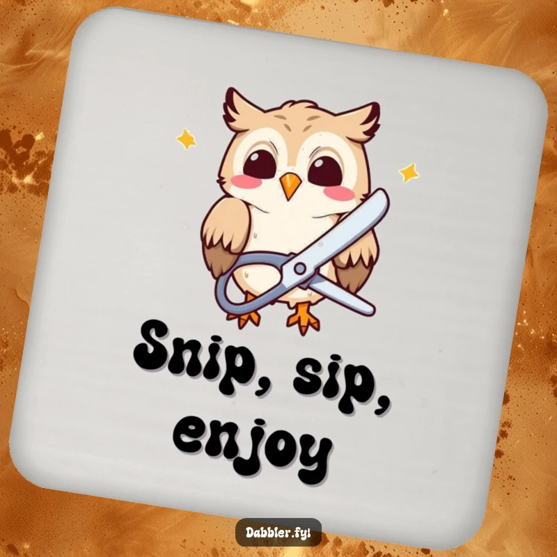 Funny Coaster: A giggling owl character uses large scissors to snip colorful paper, a humorous coaster for your tabletop.