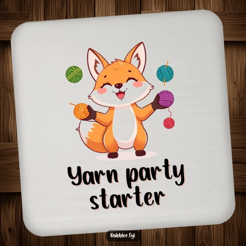Funny Fox Coaster: A playful fox grins while juggling colorful yarn balls, adding a touch of vibrant humor to table protection.