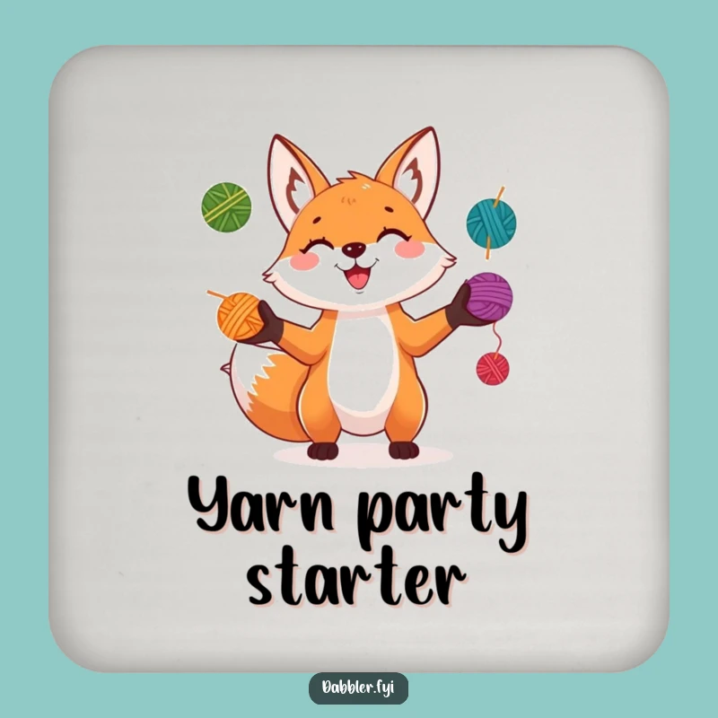 Funny Fox Juggler Coaster: Playful Character Juggling Colorful Yarn Balls with a Grin