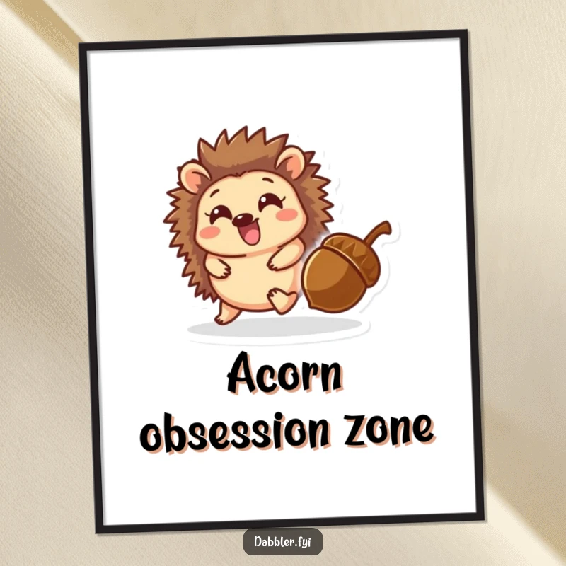 Funny poster art of a delighted hedgehog character playfully chasing a rolling acorn in a stylized, charming forest scene.