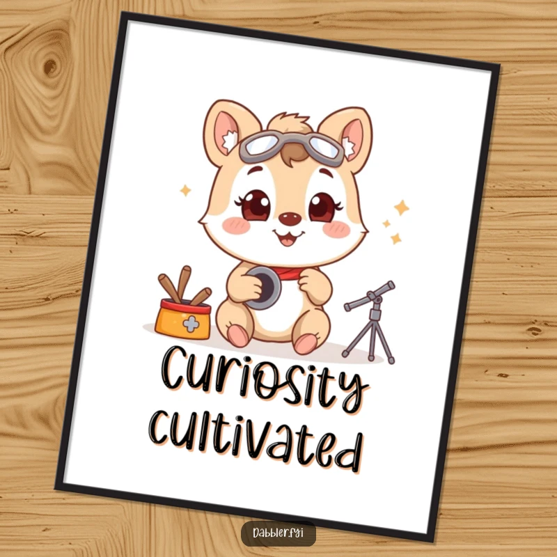 Funny poster art of a smiling animal character trying a new hobby with wide-eyed enthusiasm, adding humorous inspiration to any room.