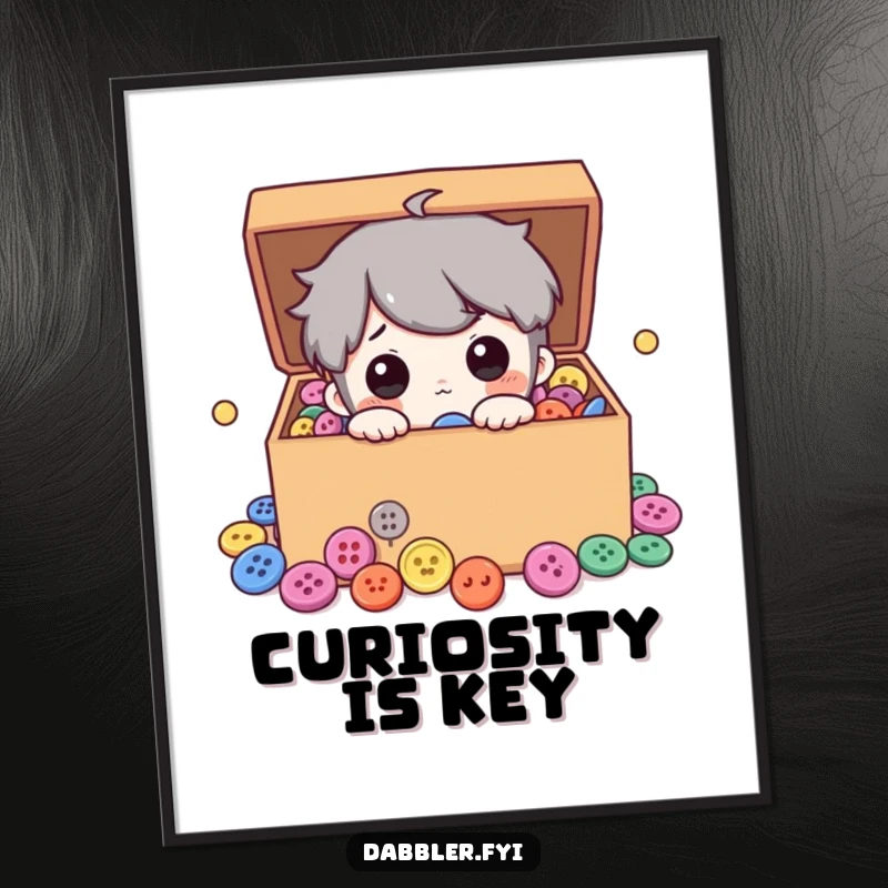 Funny poster print of a curious character peeking into a box filled with a dazzling array of colorful buttons, adding playful charm to any room.
