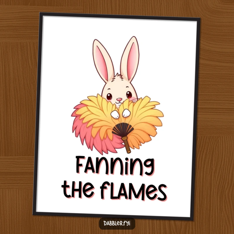 Funny Poster displaying a mischievous rabbit playfully peeking from behind a large, colorful feather fan, adding a touch of whimsical art.