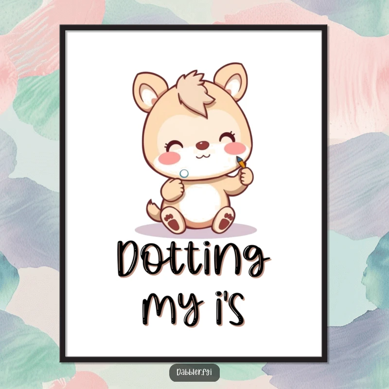 Funny art animal poster depicting a cheerful animal enthusiastically painting a tiny polka dot, perfect for vibrant decor.