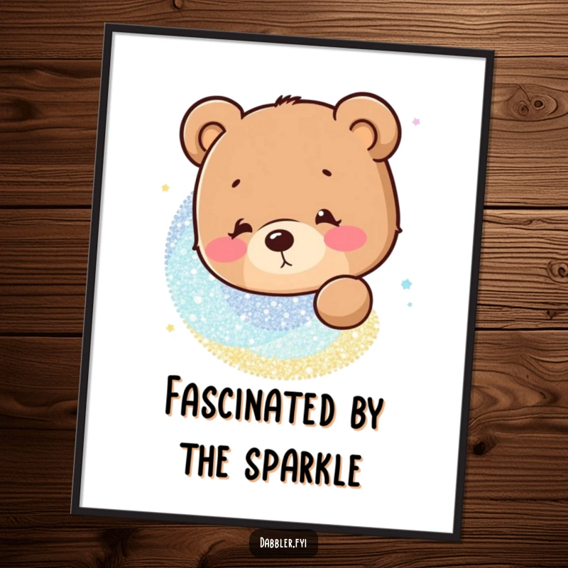 Funny Poster: A curious bear character peeking intensely at a hypnotic swirl of glitter, capturing funny wonder.
