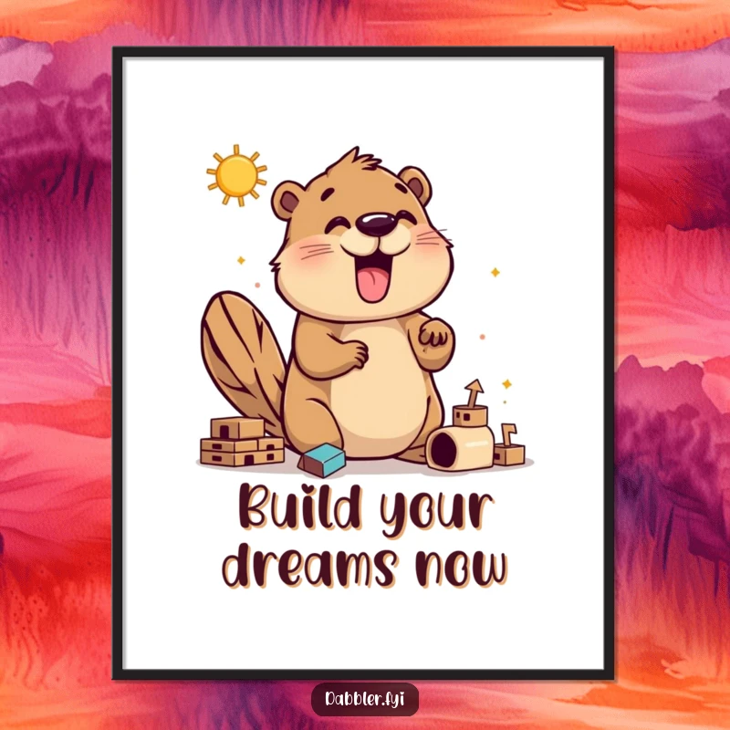 Funny beaver builder poster showing an enthusiastic beaver exploring various ways to build, celebrating innovative construction and DIY spirit.