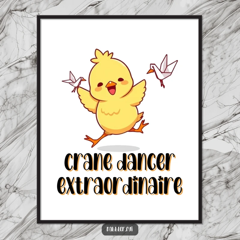 Funny Poster: A playful chick character dances joyfully while holding a small, intricate origami crane, a vibrant and cheerful artwork.