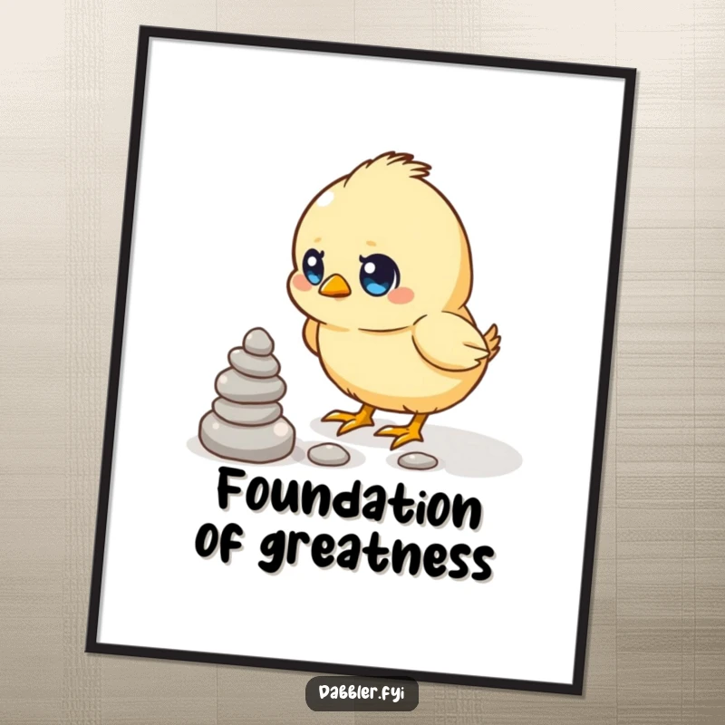 Funny poster artwork of a determined chick focused on stacking small pebbles, a symbol of effort and humor.