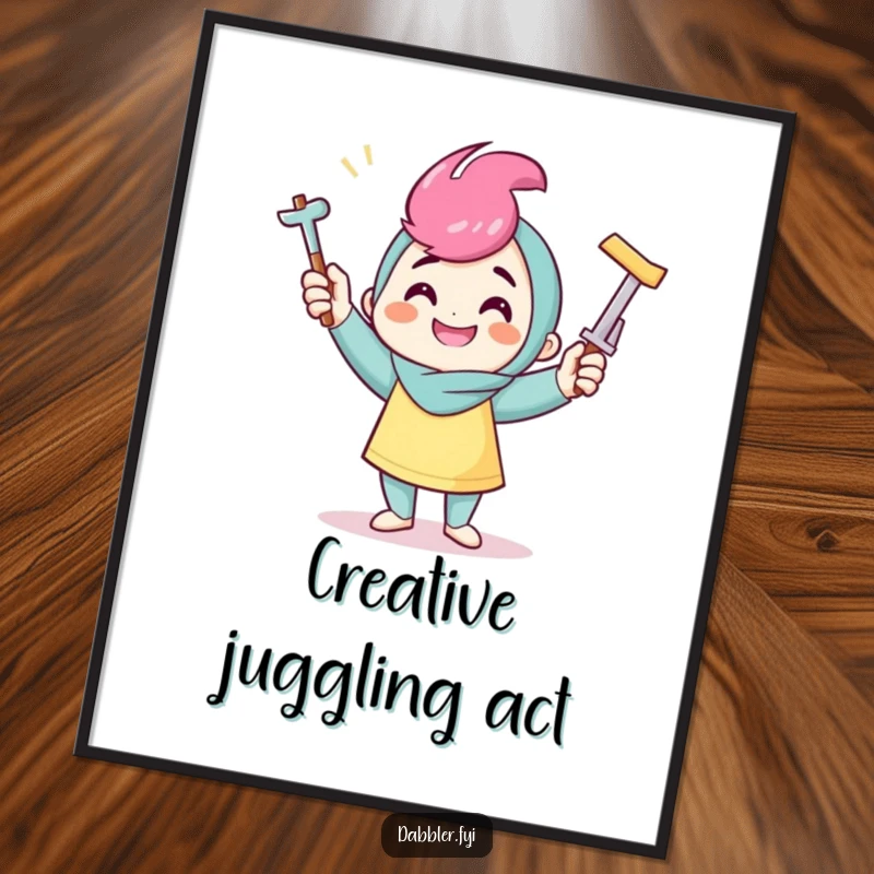 Funny crafter poster of a smiling character juggling three different crafting tools, perfect for humorous and inspiring decor.