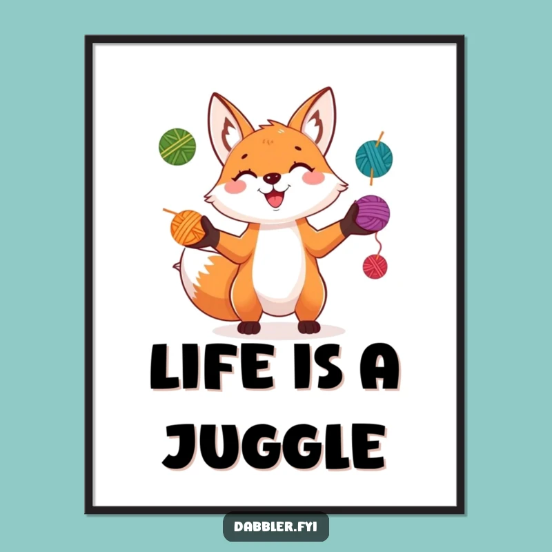 Funny Fox Juggler Poster: Playful Character Juggling Colorful Yarn Balls with a Grin