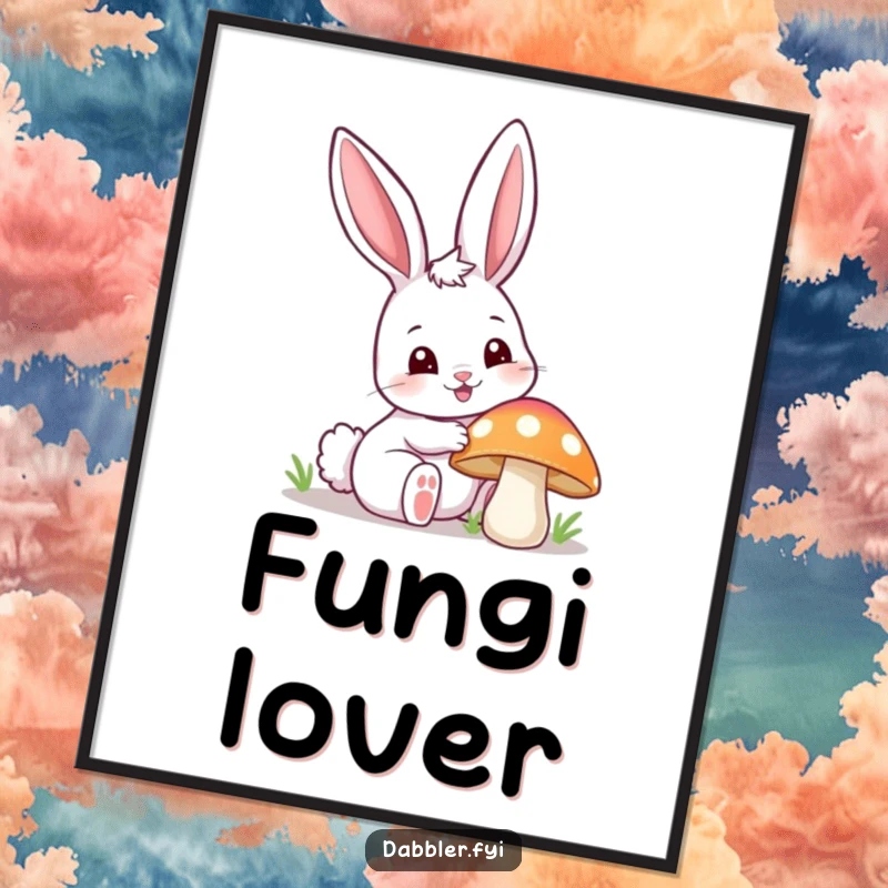 Funny happy bunny poster, curiously poking a colorful mushroom with one ear up, a piece of enchanting and humorous wall art.