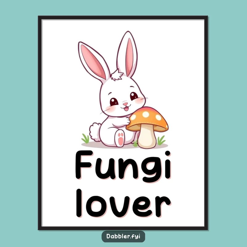 Funny Happy Bunny Poking Mushroom Poster - Enchanting Woodland Art Print