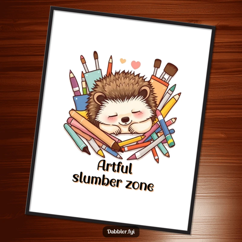 Funny Poster: A contented hedgehog naps peacefully amongst vibrant, colorful art supplies, evoking a sense of calm creativity.