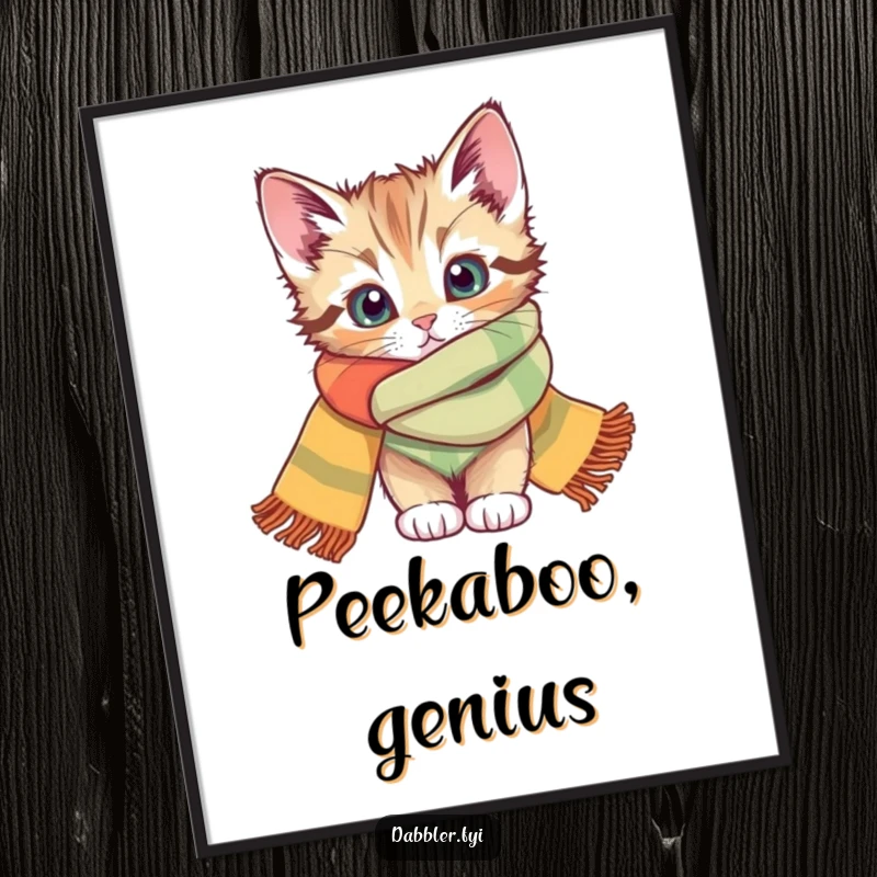 Funny poster showcasing a curious kitten peeking from a vibrant scarf, perfect wall art and a funny gift.
