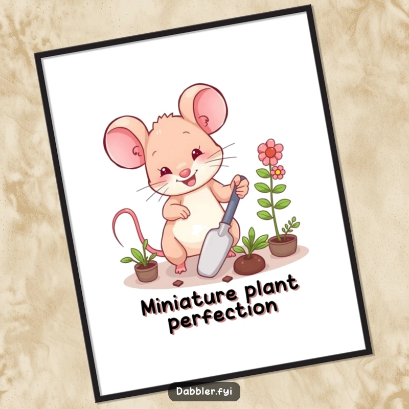 Funny Poster: A happy mouse character using a small trowel to arrange tiny plants, whimsical garden art.