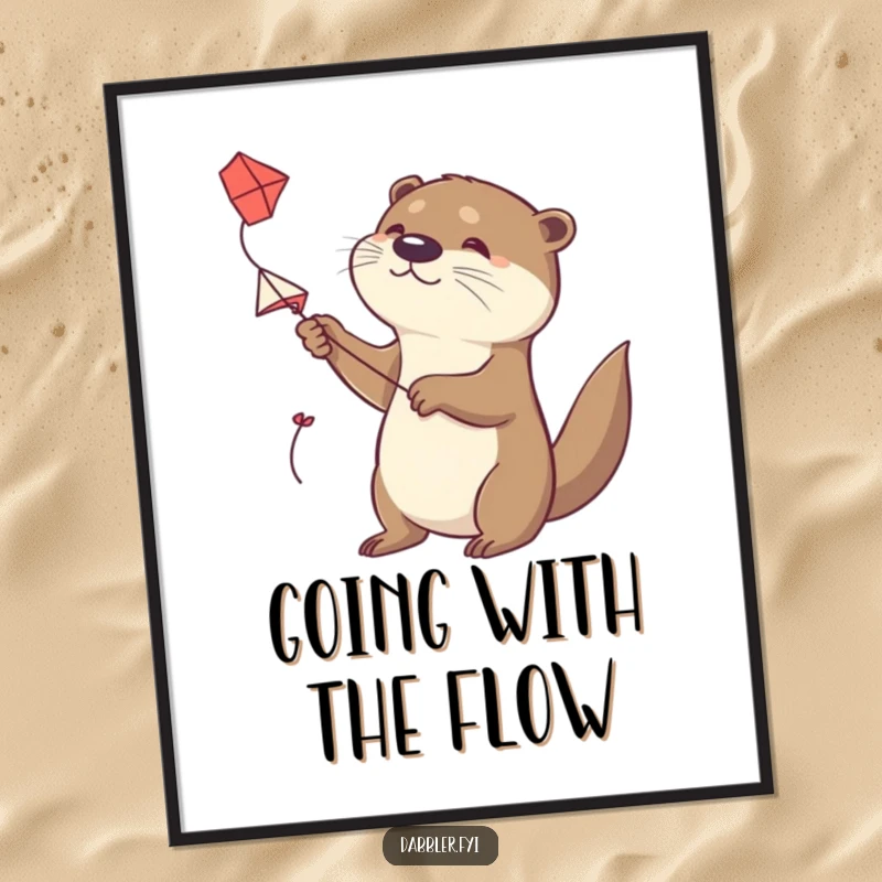 Funny Otter Poster: A determined otter tries to fly a small, handmade kite, creating a humorous and inspiring piece of wall art.