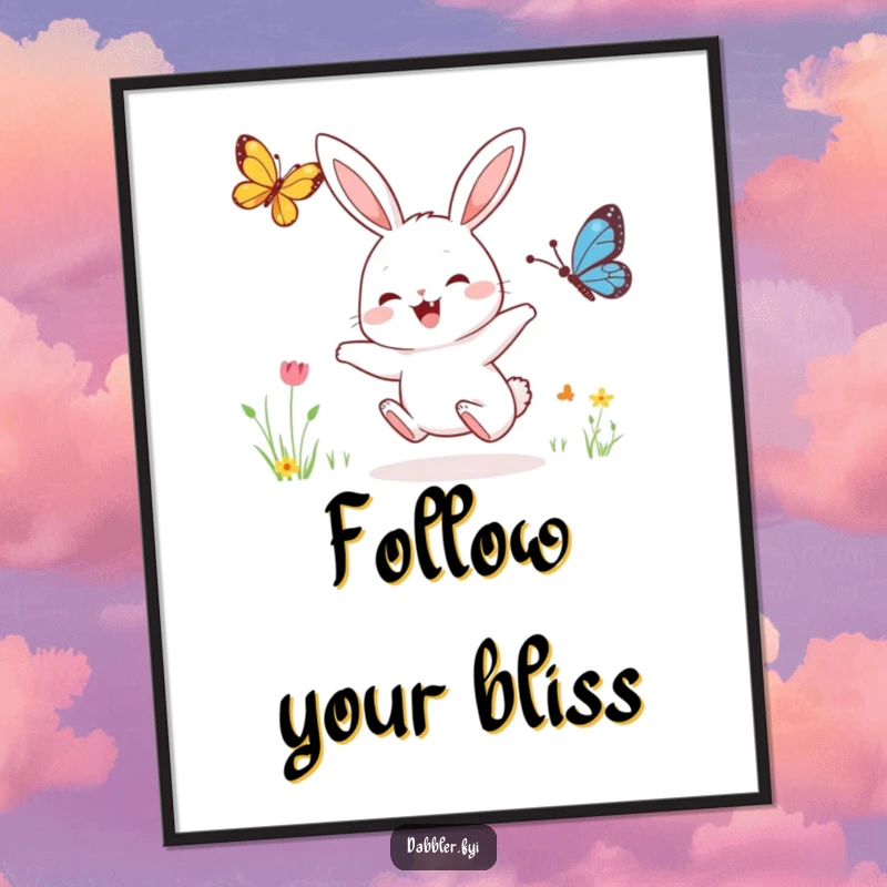 Funny poster artwork of a joyful rabbit character enthusiastically following a delicate, colorful butterfly in a dreamy outdoor setting.