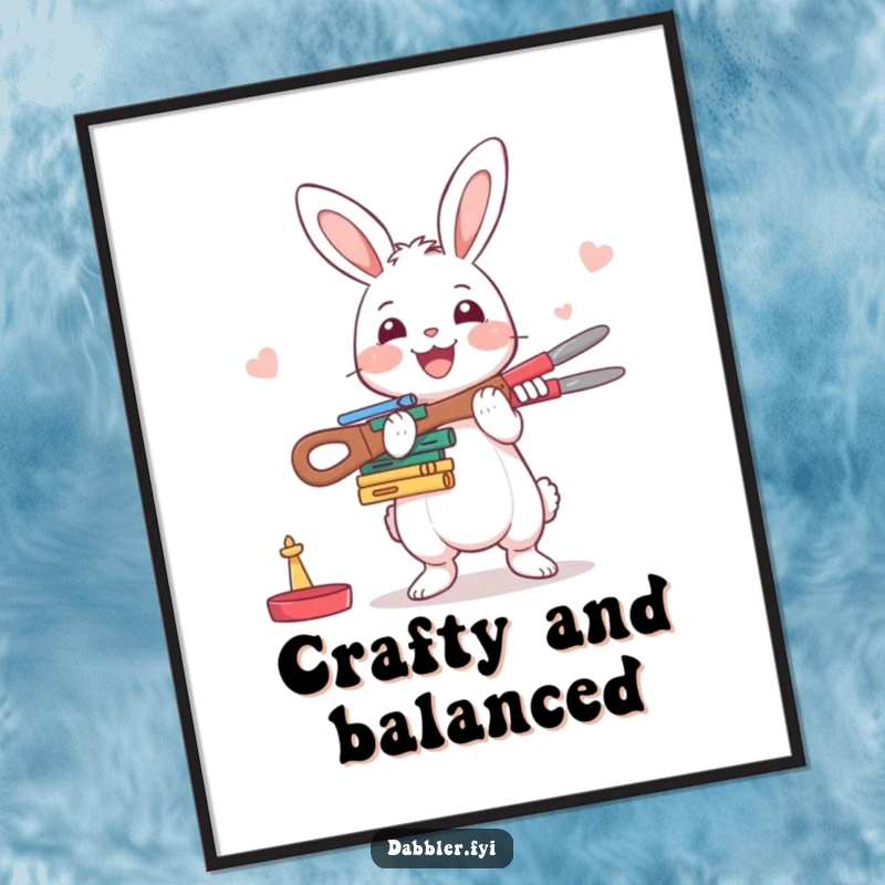 Funny Rabbit Poster: A happy rabbit enthusiastically balances crafting tools, creating a humorous and inspiring piece of wall art.