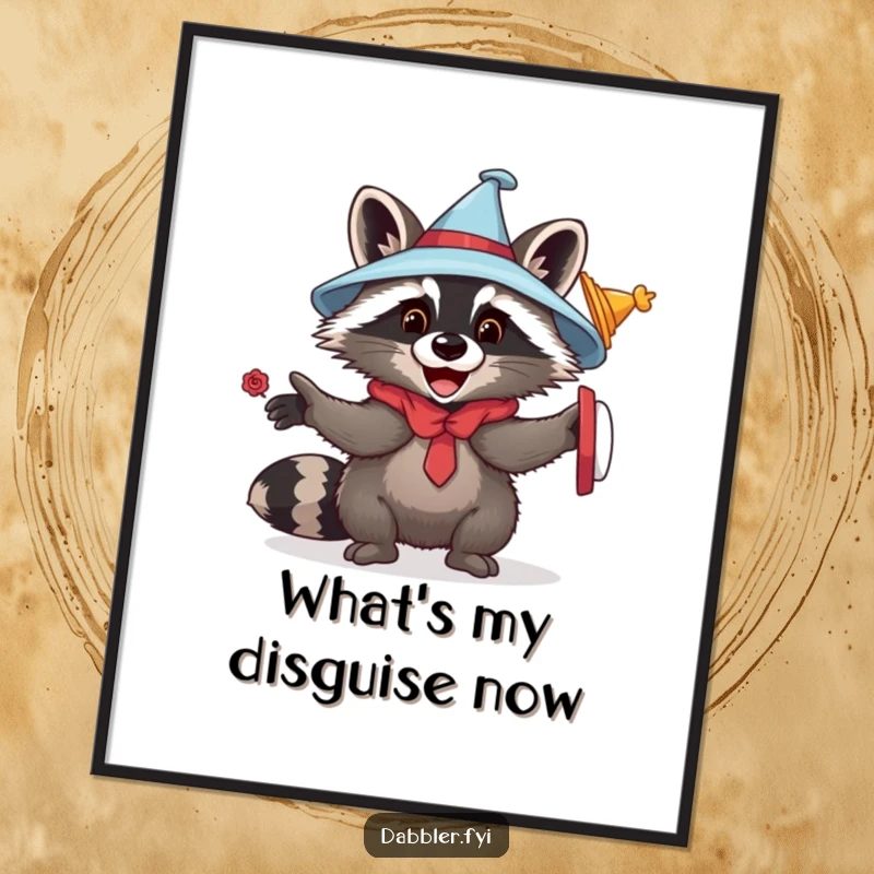 Funny raccoon disguise poster showing a playful raccoon gleefully trying on multiple hats and costumes, embodying a humorous and creative spirit.