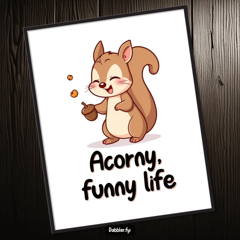 Funny squirrel acorn poster featuring a playful squirrel energetically tossing a tiny acorn, creating a dynamic and cheerful art piece.