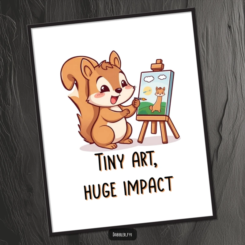 Funny Squirrel Poster: A cheerful squirrel excitedly paints a tiny picture, creating a humorous and inspiring piece of wall art.