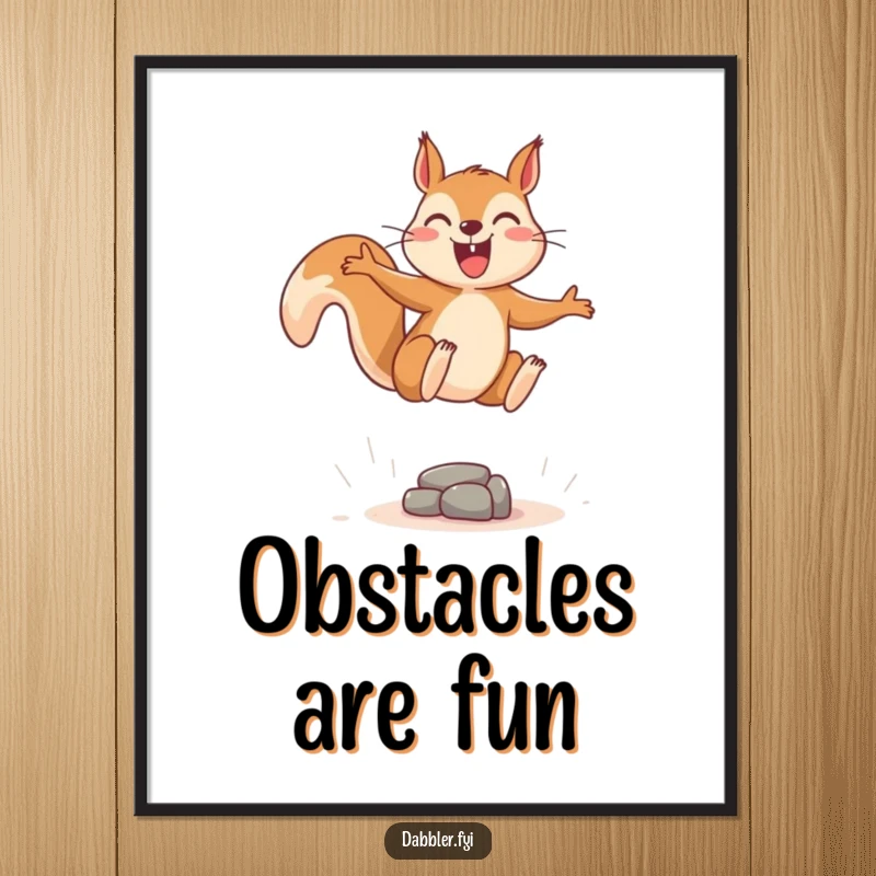 Funny poster artwork of a joyous squirrel leaping energetically over a tiny, imaginary obstacle, ideal for wall decor.
