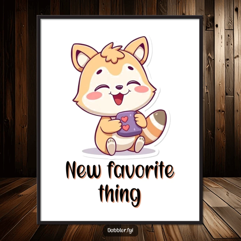 Funny Wall Art Poster of a joyous animal character intently examining a small, intriguing object, adding playful humor to decor.