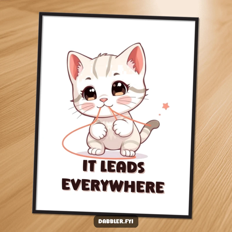 Funny poster showcasing a happy kitten character humorously playing with a string that leads everywhere, creating a funny wall decor.