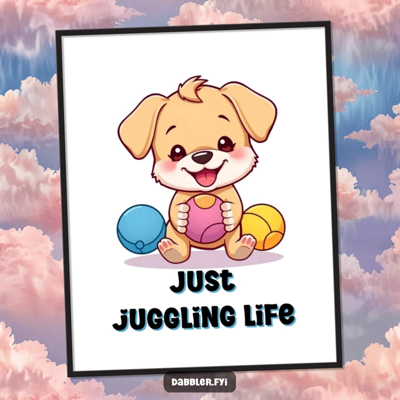 Funny poster showcasing a cute puppy character humorously juggling colorful balls with a mischievous grin, creating a funny wall decor.