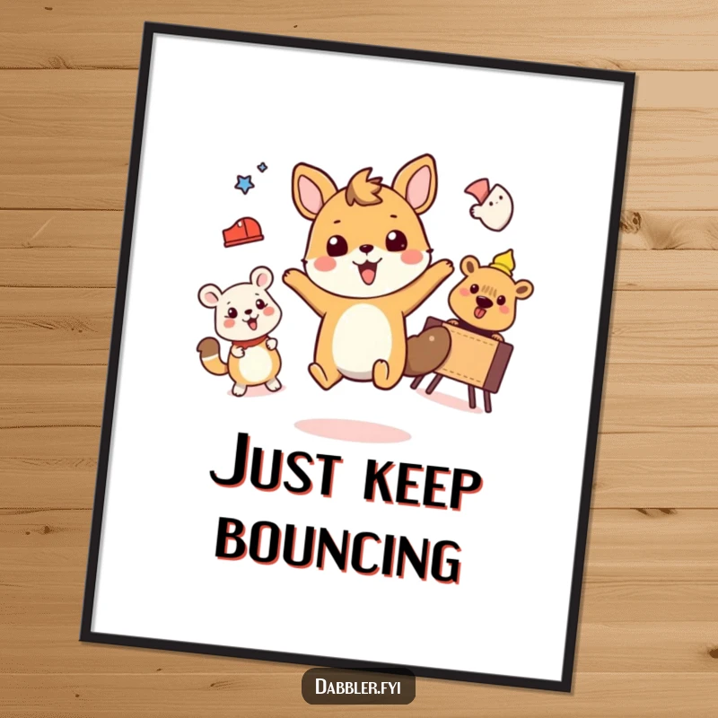 Funny poster of a cheerful animal happily swimming, baking cookies, and playing a ukulele.