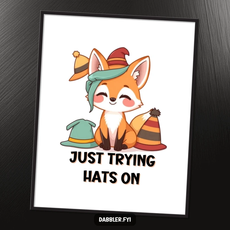 Funny Fox Poster showcasing a giggling fox joyfully trying on an assortment of hats, creating a whimsical visual.
