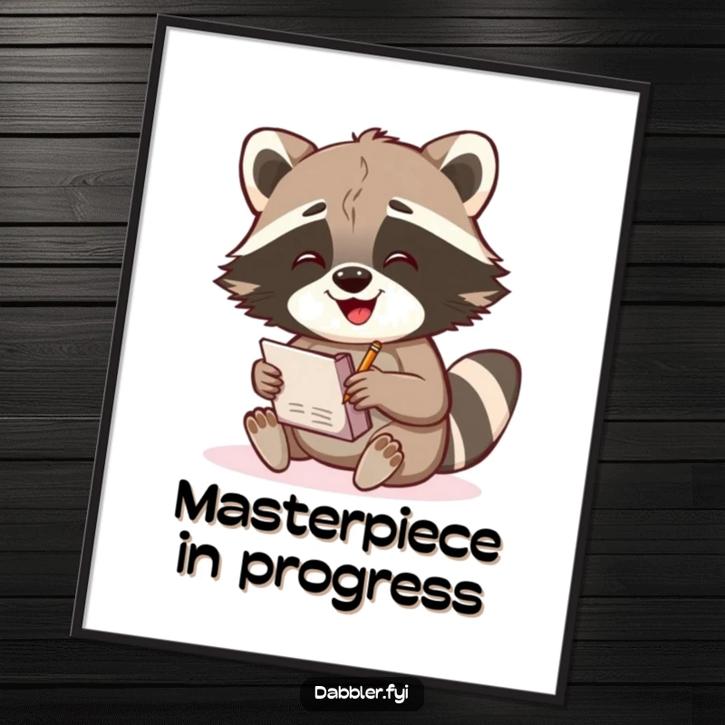 Funny Raccoon Poster: A gleeful raccoon character happily sketches in a notebook, creating humorous and inspiring wall art.