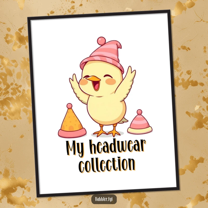 Funny bird poster, depicting a bird joyfully sampling various small hats, adding whimsical wall art.