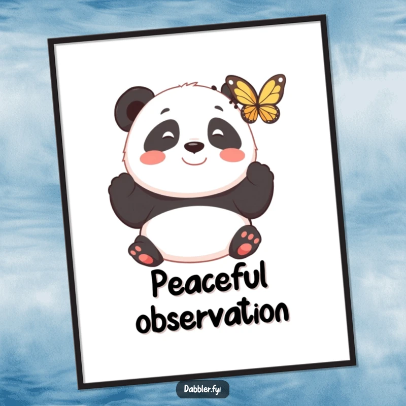 Funny poster artwork of a smiling panda observing a fluttering butterfly with gentle fascination, ideal for wall decor.