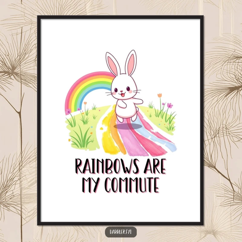 Funny Poster: A happy rabbit joyfully skips along a vividly painted rainbow path, capturing a moment of pure artistic bliss.