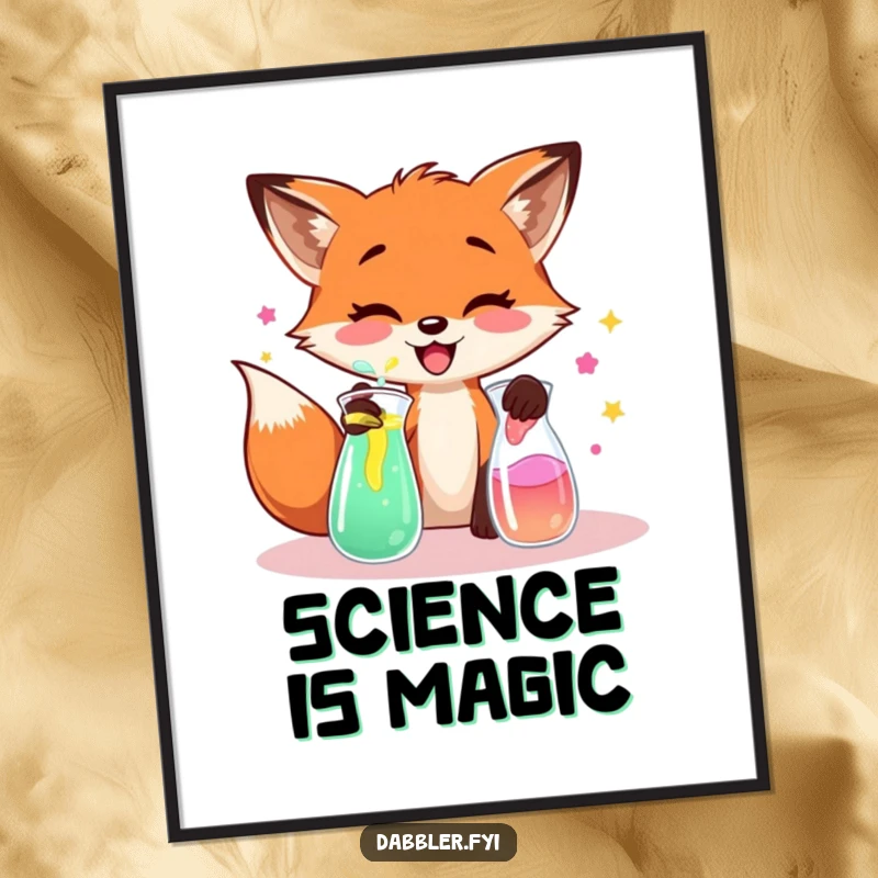 Funny fox poster, illustrating a fox mixing colorful unknown liquids, adding whimsical lab decor.