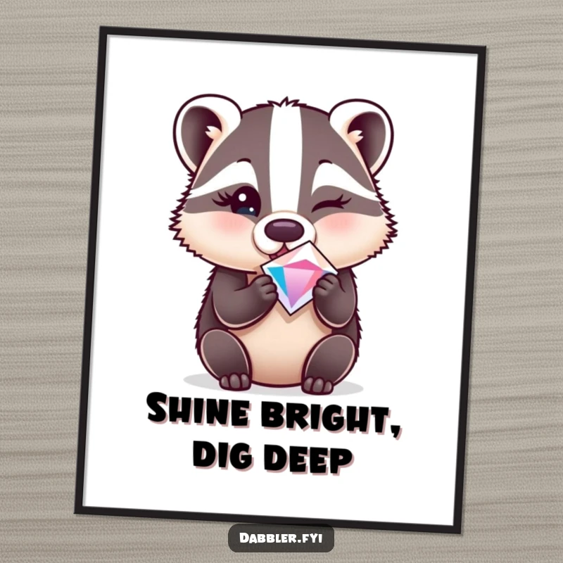 Funny poster artwork of a surprised badger winking while holding a sparkly gem, ideal for wall decoration.