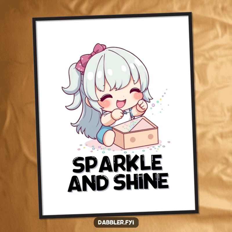 Funny glitter sprinkler poster of a happy character playfully sprinkling glitter onto a project, perfect for inspiring and sparkly decor.