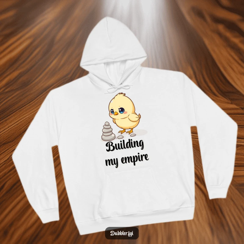 Funny hoodie featuring a determined chick focused on stacking small pebbles, offering warmth and humorous inspiration.