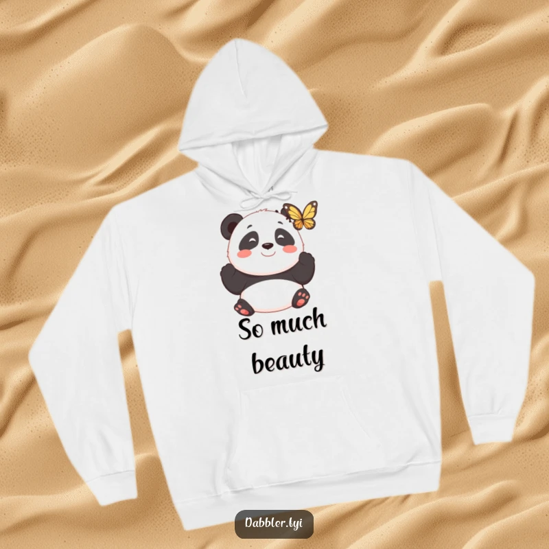 Funny hoodie featuring a smiling panda observing a fluttering butterfly with fascination, designed for comfort and calm.
