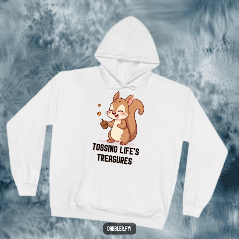 Funny squirrel hoodie depicting a playful squirrel tossing an acorn with great gusto, radiating energetic fun.