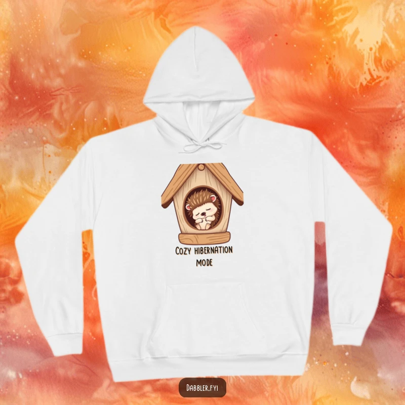 Funny Hoodie: A sleepy hedgehog character snoozing peacefully inside a half-finished birdhouse, radiating cozy humor.