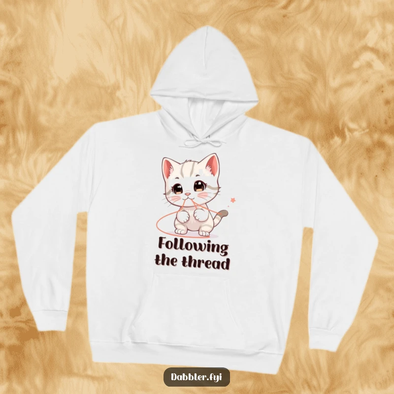 Funny hoodie featuring a happy kitten character humorously playing with a string that leads everywhere, offering warm and funny comfort.
