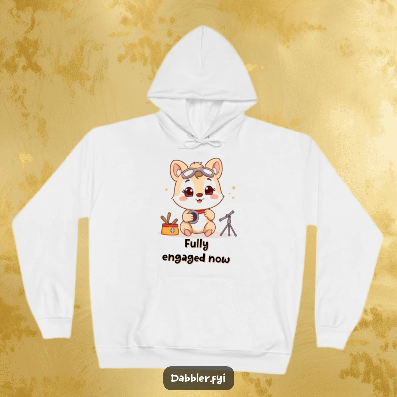Funny hoodie showcasing a smiling animal character embracing a new hobby with wide-eyed enthusiasm, symbolizing the joy of discovery.