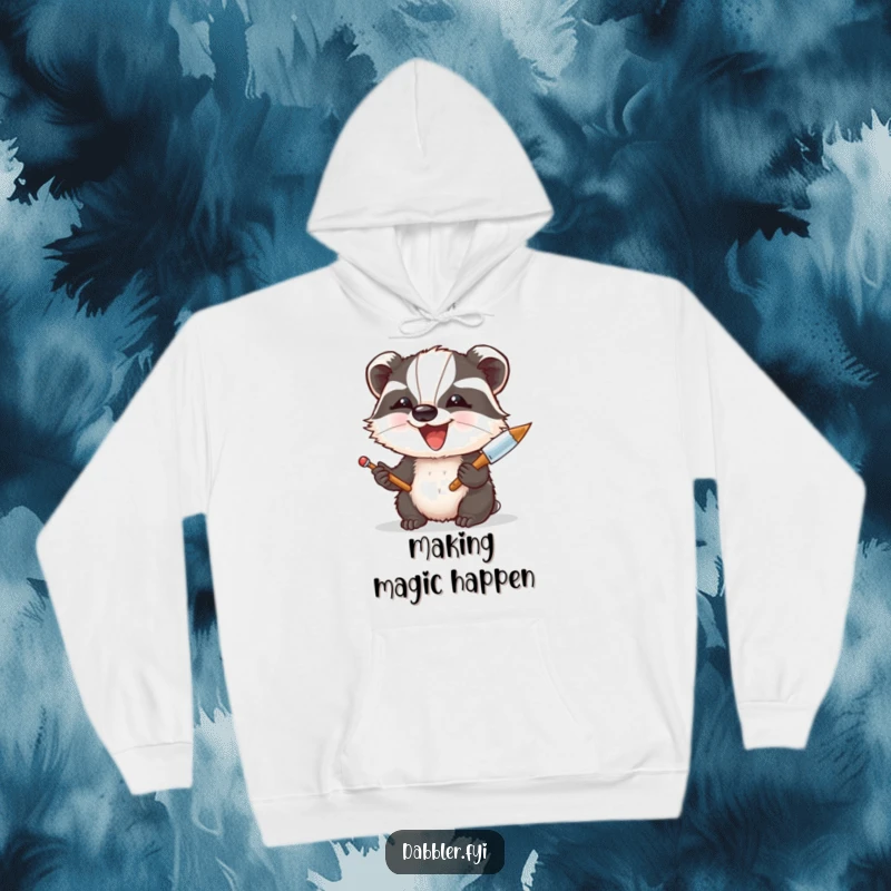 Funny Hoodie: A happy badger enthusiastically experiments with a palette knife, creating a colorful masterpiece with pure artistic joy.