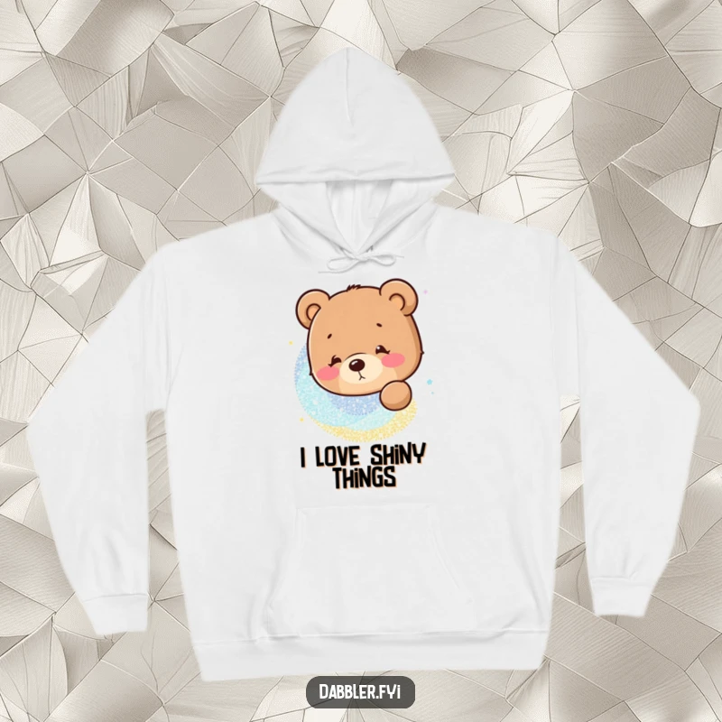 Funny Hoodie: A curious bear character deeply engrossed in a swirling, magical glitter pattern, radiating humor.