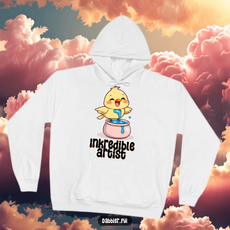 Funny Hoodie: A joyful bird enthusiastically dips its beak into a pot of blue ink, showcasing its love for artistic creation.