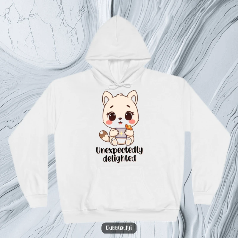 Funny Cozy Hoodie featuring a surprised animal finding a delightful treasure, perfect warm funny gift.
