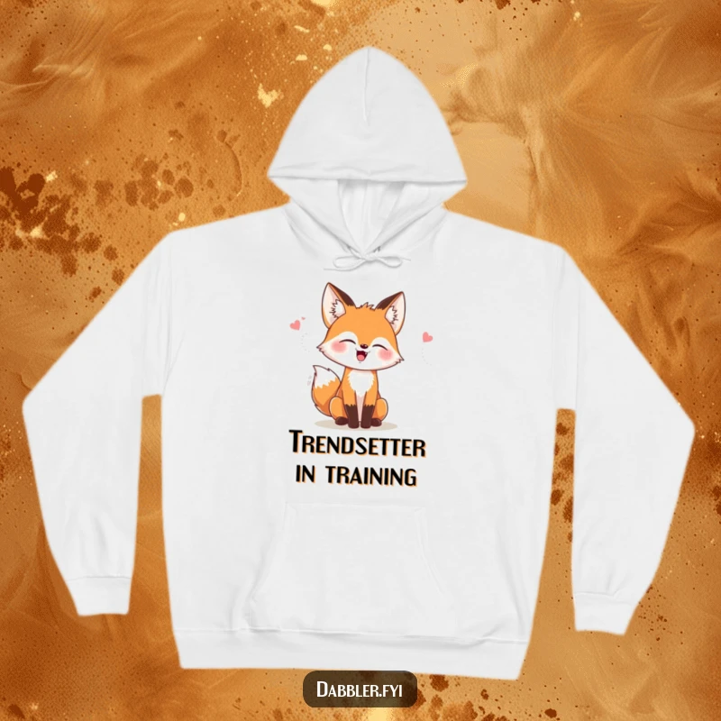 Funny hoodie depicting a happy fox giggling while trying on various stylish accessories and outfits.